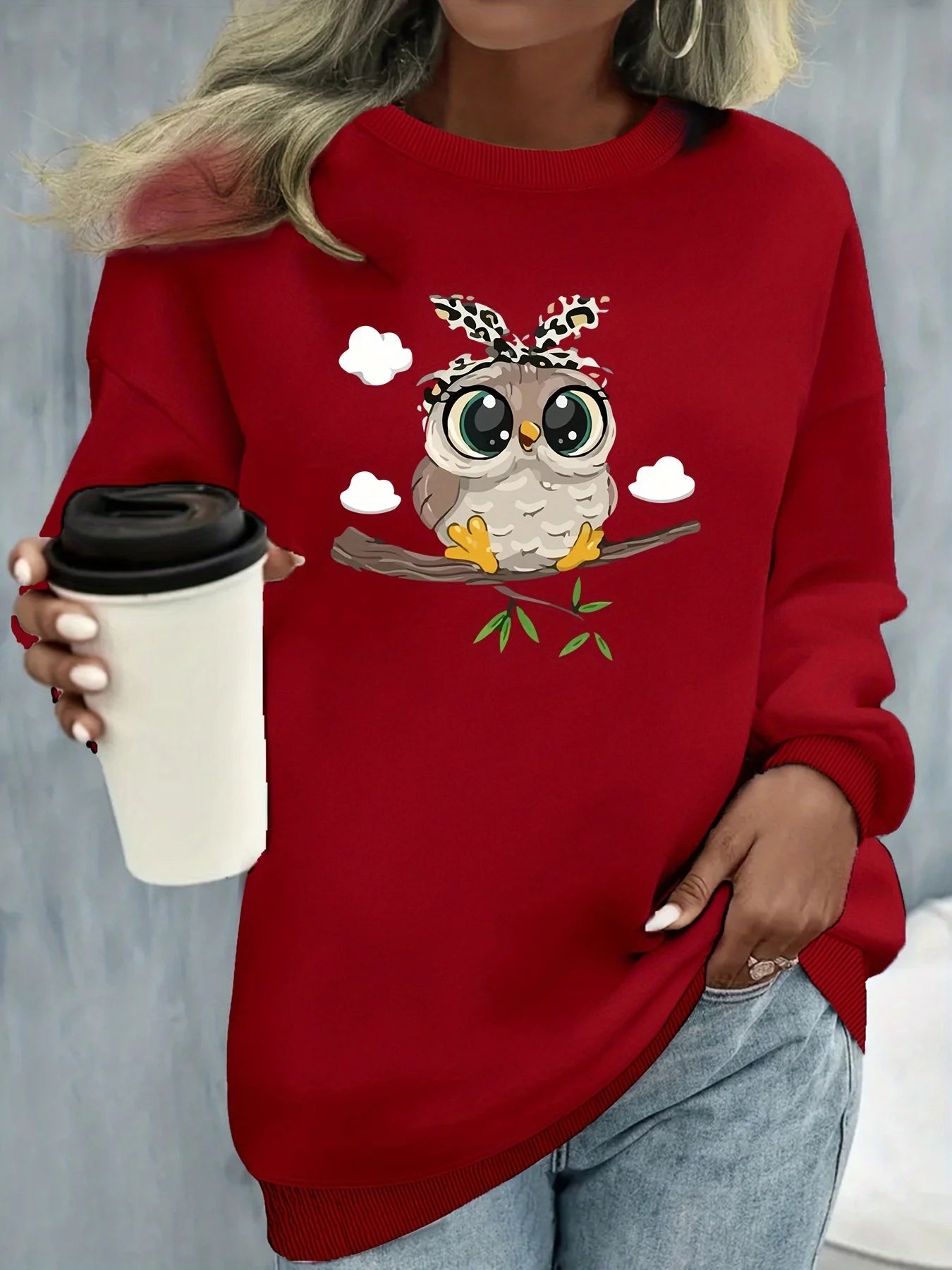 Women's autumn and winter casual loose and comfortable warm cat pattern printed round neck long sleeved pullover