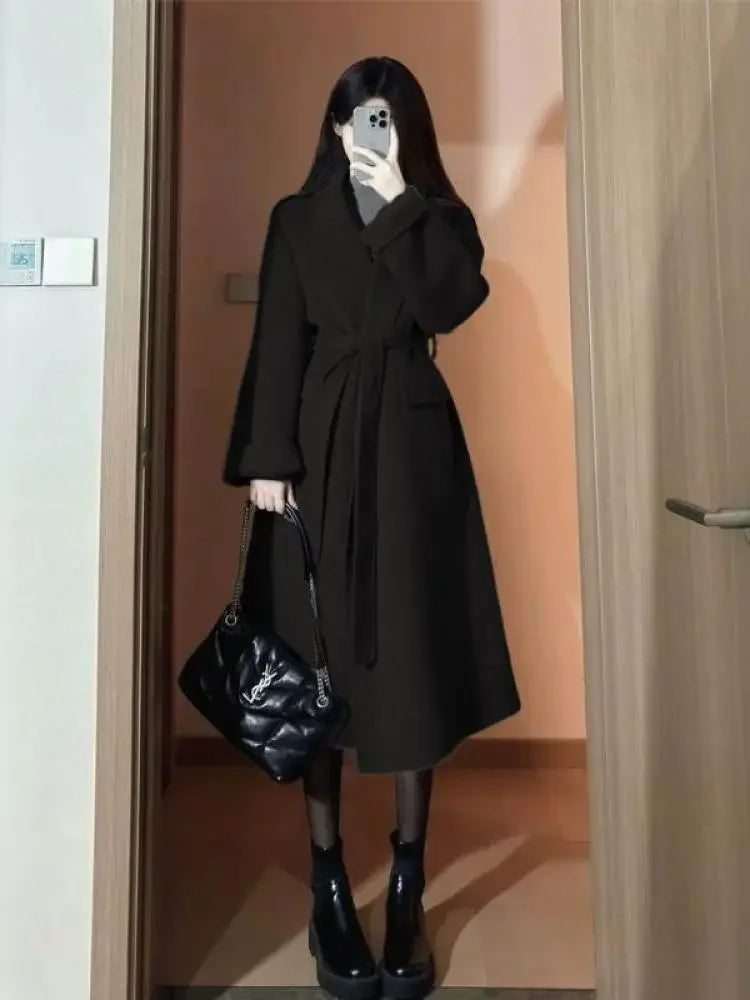 High-end Gray Women Thick Double-sided Wool Cashmere Coat New Loose Lapel Long Sleeve Woolen Coats Female Overcoat Winter