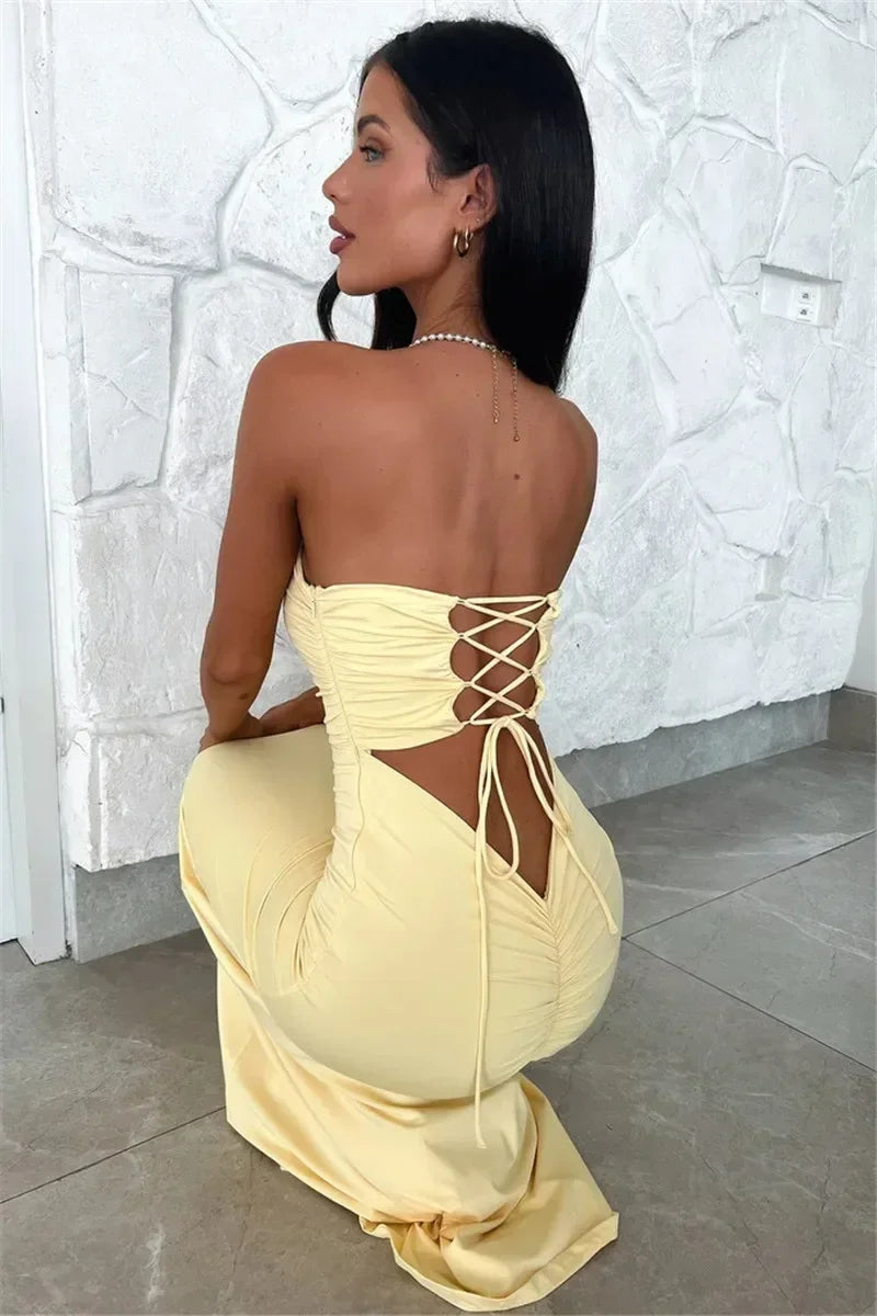 Women's lace up backless strapless maxi dress, off shoulder, fibrcon battery, club, party, long, summer, new