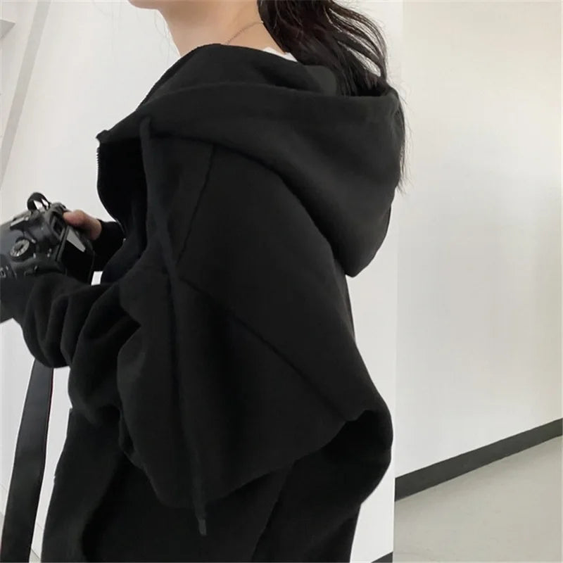 Hooded Solid Women Hoodies Zipper Sweatshirt Long Sleeve Cardigan Outerwear Loose Fit Casual Pockets Autumn 2025 Spliced