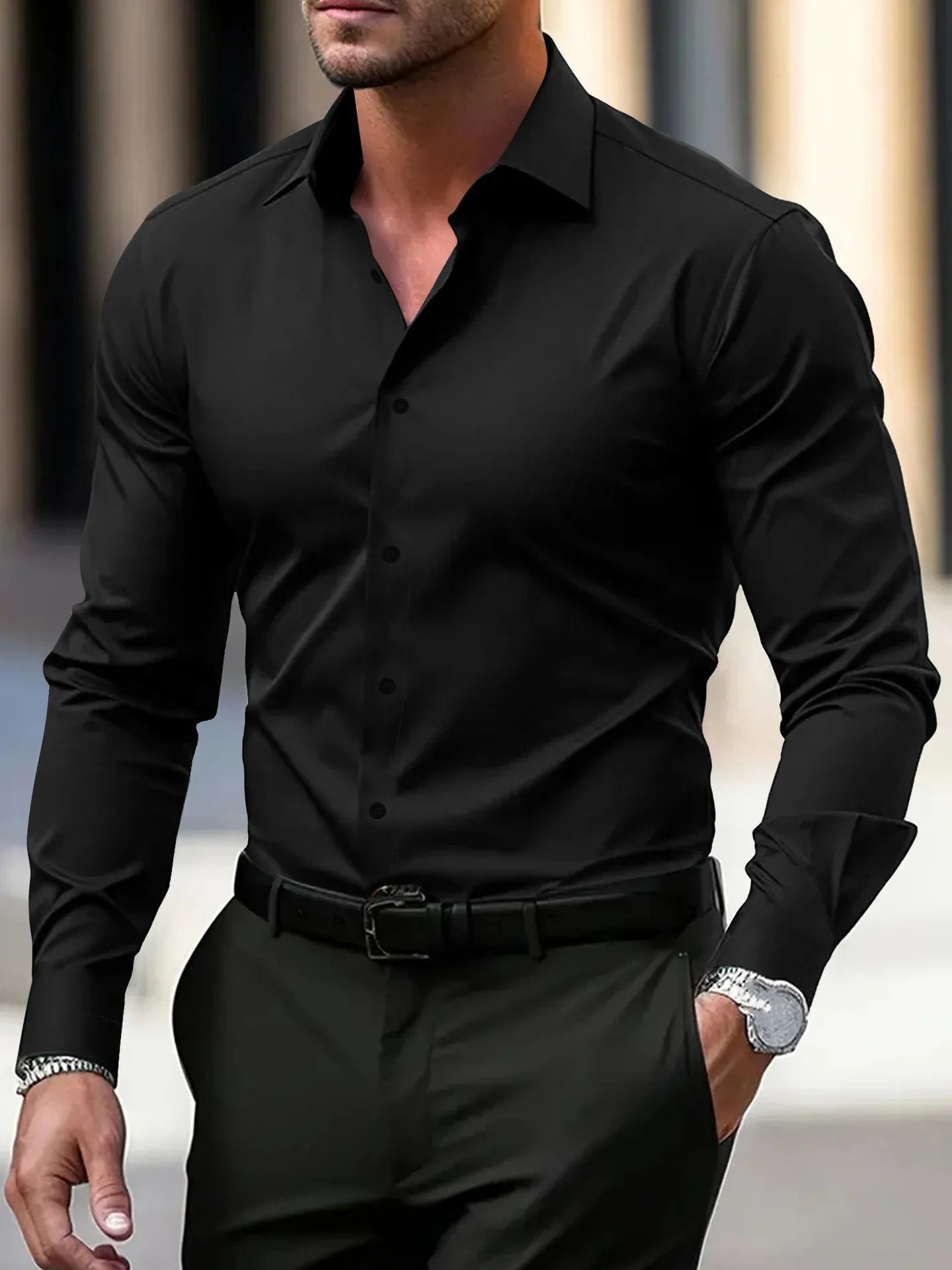 Men's Wrinkle-Free Dress Shirt Long Sleeve Slim Fit Business Casual Shirt Breathable Formal Work Shirt for Wedding Party