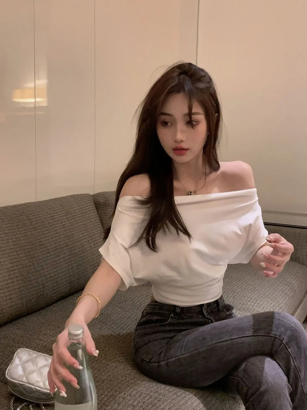 T-shirts Women Clothing Skew Collar Vintage Summer Aesthetic Sexy Off Shoulder Streetwear Elegant Minority Fashionable Pure 2023