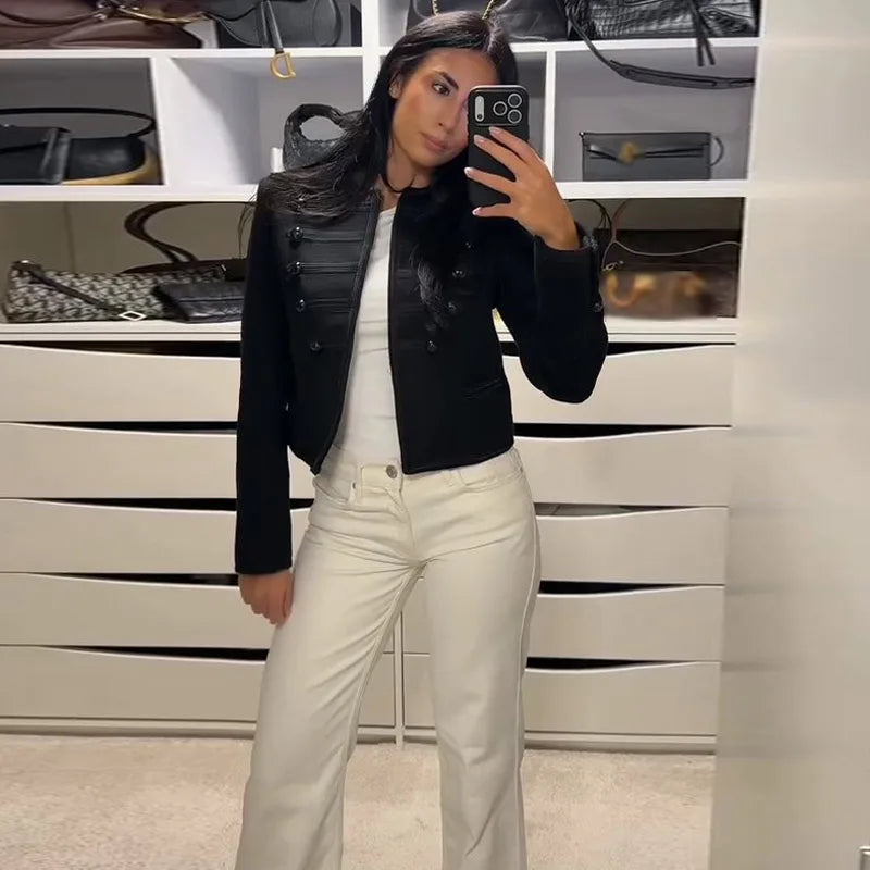 Casual Solid Women's Jacket O-Neck Full Sleeve Button Black Lady Cropped Jackets 2026 Spring Chic Female Street Outerwear
