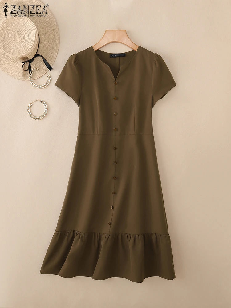 Stylish Summer Dress 2025 ZANZEA Women Elegant V-Neck Midi Dresses Office Work Sundress Short Sleeve Solid Buttons Vestidos Robe