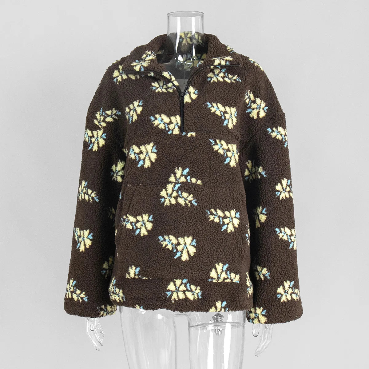 KADUWAKI Retro Christmas Women's Fashion Polar Fleece Flower Blossoms Sweaters Cotton Loose Warm Fur Stand Up Collar Zipper Tops