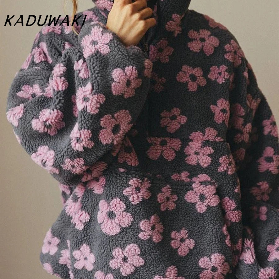 KADUWAKI Retro Christmas Women's Fashion Polar Fleece Flower Blossoms Sweaters Cotton Loose Warm Fur Stand Up Collar Zipper Tops