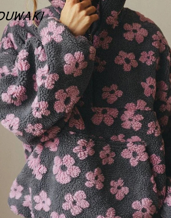 KADUWAKI Retro Christmas Women's Fashion Polar Fleece Flower Blossoms Sweaters Cotton Loose Warm Fur Stand Up Collar Zipper Tops