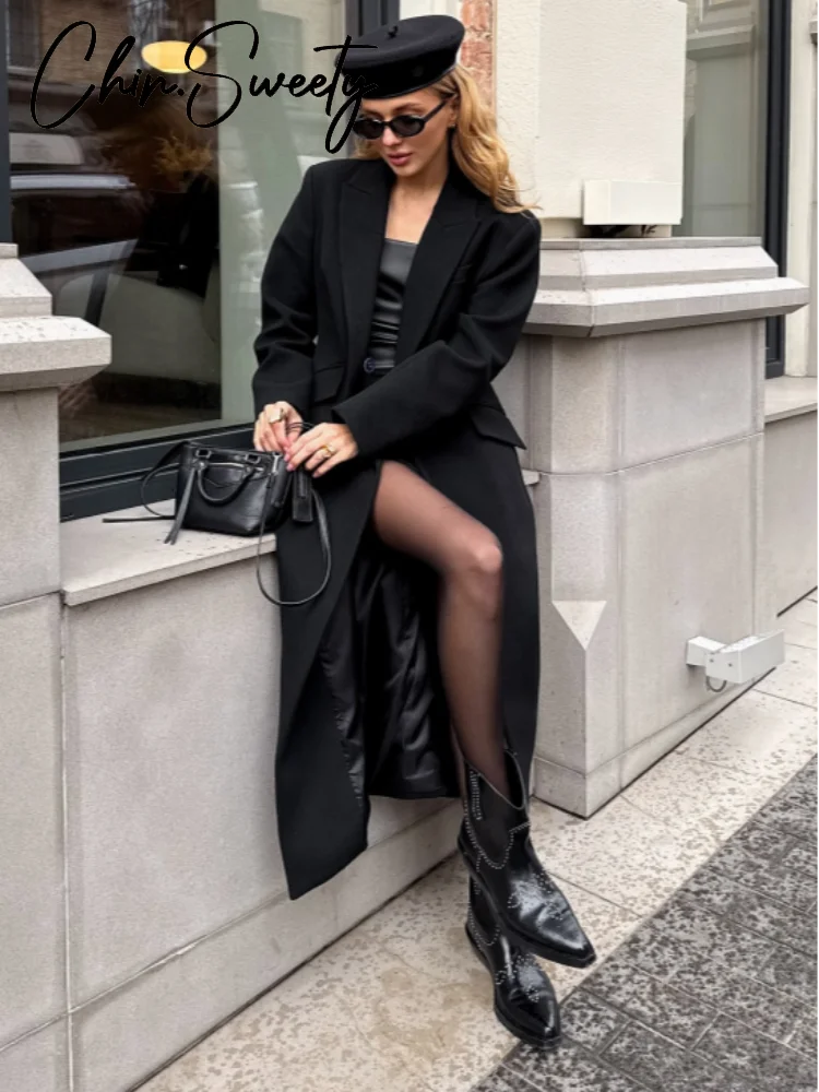 Elegant Women's Woolen Coat Black Single-Button Stand Collar Slim Lady Long Coats 2025 Autumn Winter Chic Female Streetwear New