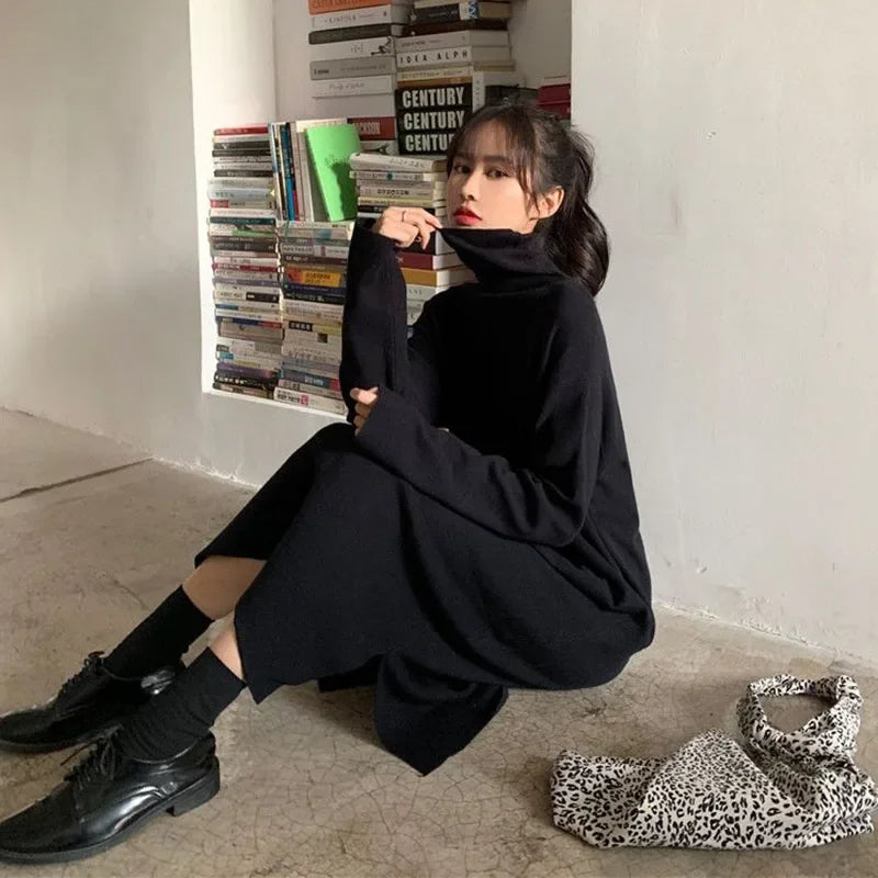 Smvp Fall Winter Turtleneck Long Dress Women Basic Solid Casual Loose Long Sleeve Dresses Female Streetwear Side Split Dress