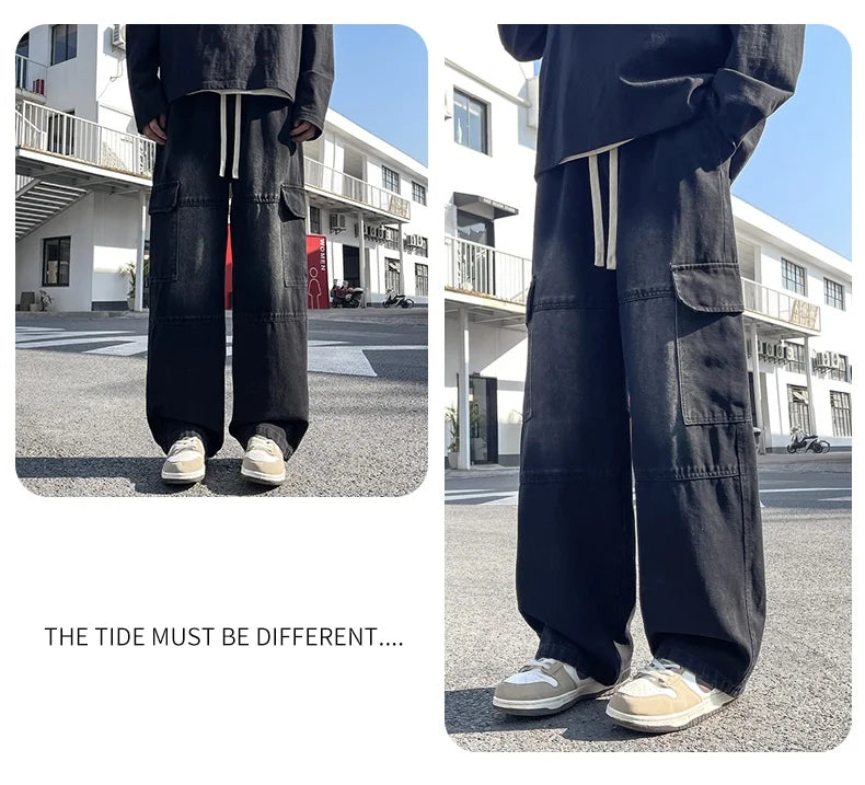 2025 new men's cement grey work jeans Y2K street hip-hop large pocket wide-leg straight jeans trousers jogging black light blue