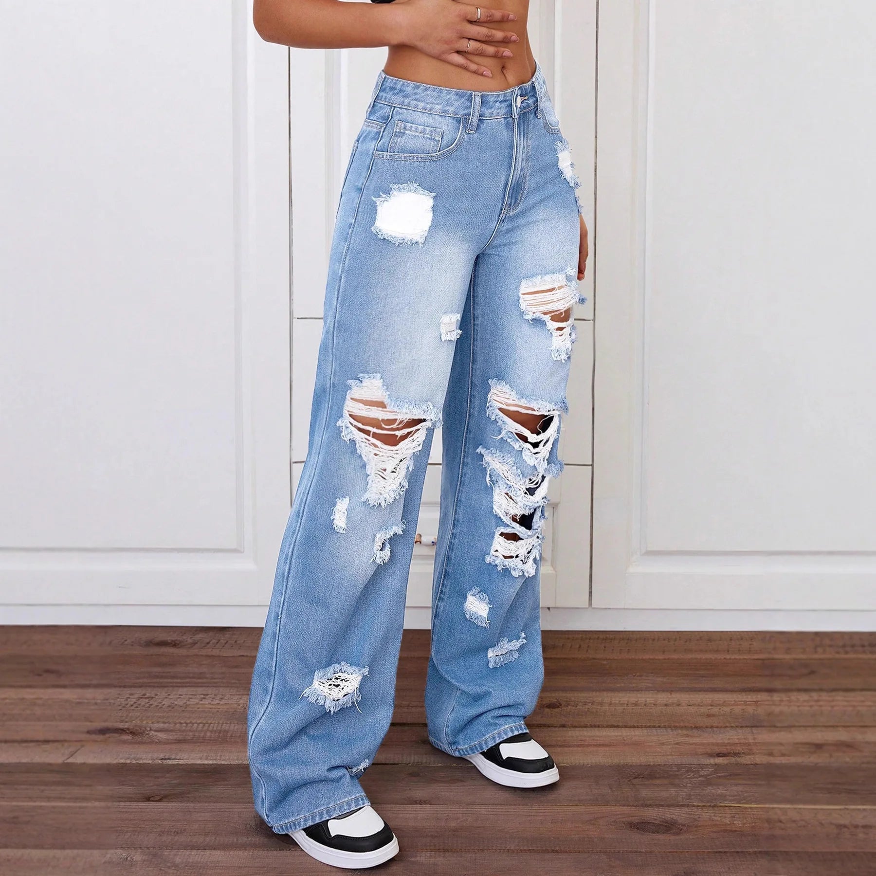 Women High Waist Straight Leg Jeans Ripped Denim Pants Casual Long Trousers Spring Summer