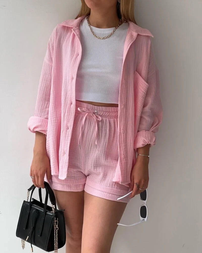 Women's Summer Shorts Set White Long Shirt High Waisted Pants Sets Casual Outfit Streetwear Suits For Women Female Clothing 2025