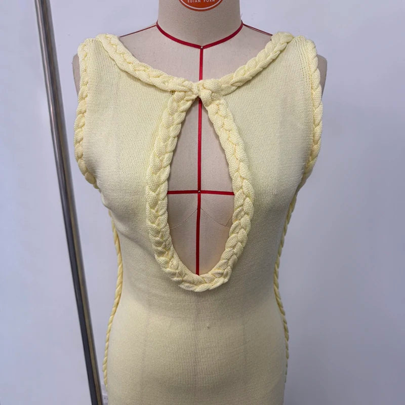 Women Elegant Maxi Dress Keyhole Neckline Braided Trim Sleeveless Backless High Slit Hem Solid Dresses 2026 Summer Fashion Gown