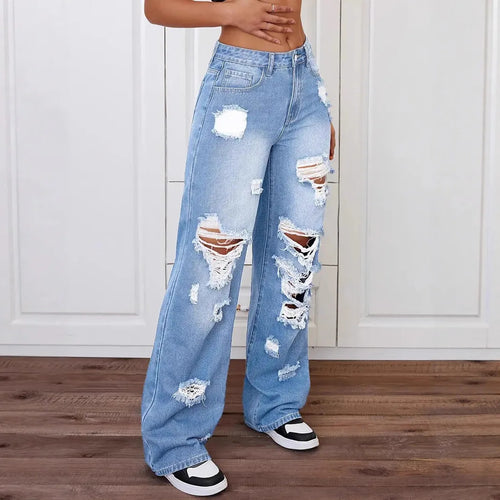 Distressed Washed High Waist Straight Leg Versatile Loose Fit Denim Pants for Women