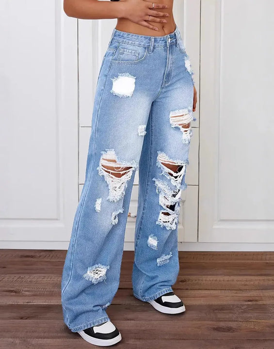 Distressed Washed High Waist Straight Leg Versatile Loose Fit Denim Pants for Women