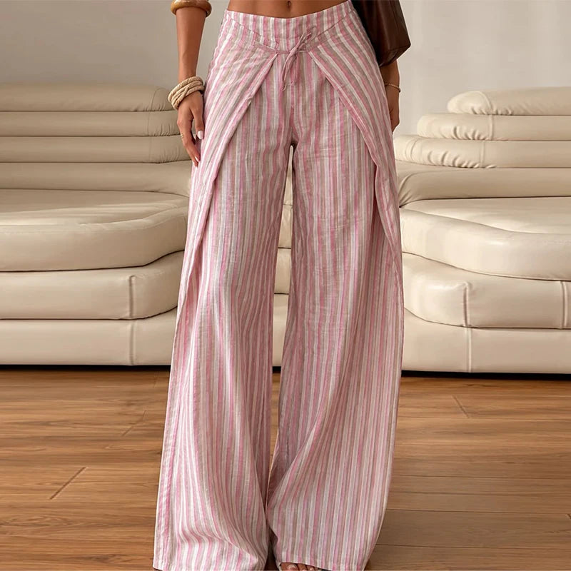 Pants Leg Stripe Women Trousers Adjustable Waist Wrap Loose Summer Floor Length Boho Palazzo Trousers Women Outfit For Women