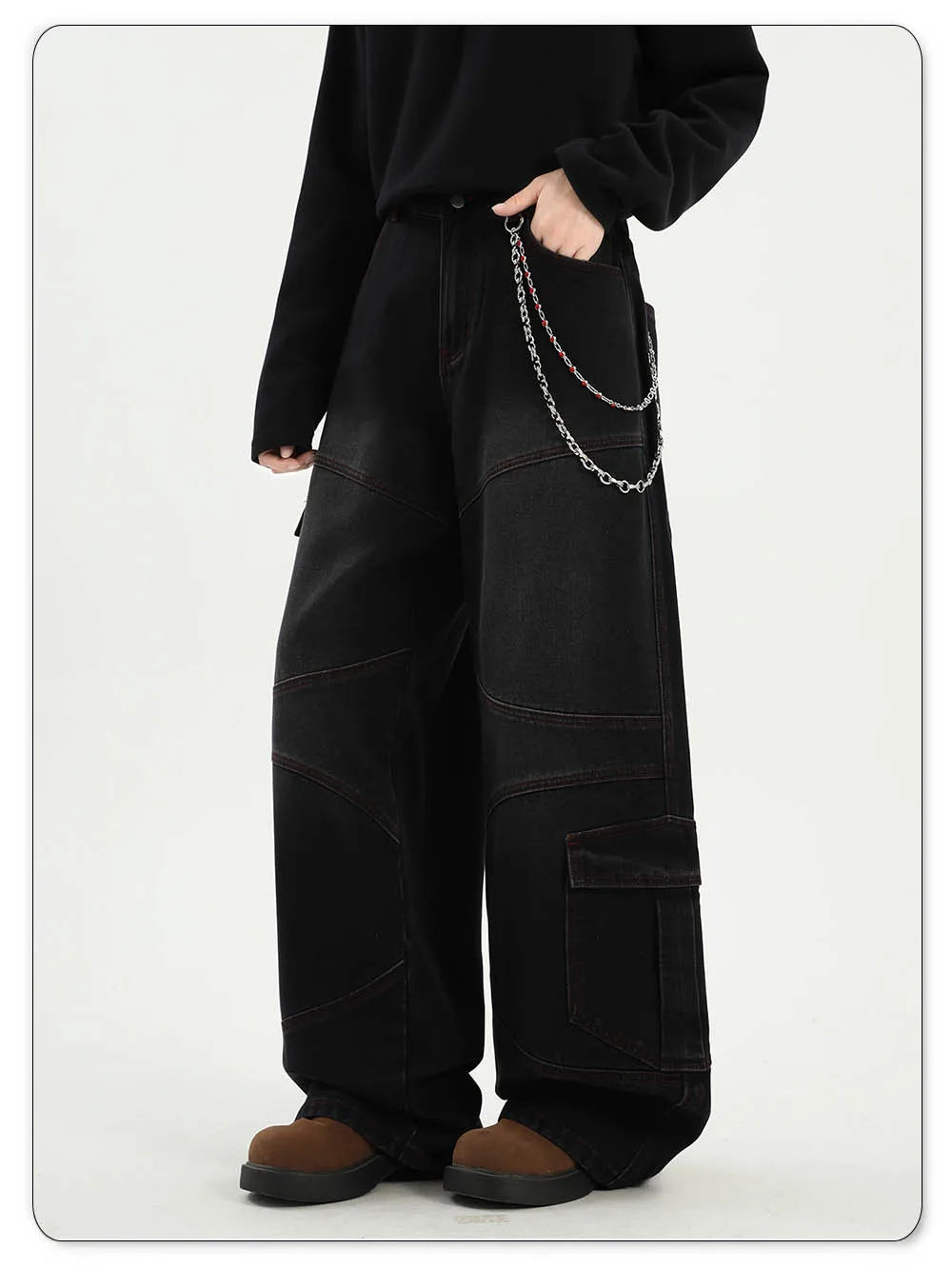 American Street Retro Bright Thread Deconstruction Loose Wide Leg Jeans Unisex  Baggy Men's Clothes Multi Pocket Workwear Jeans