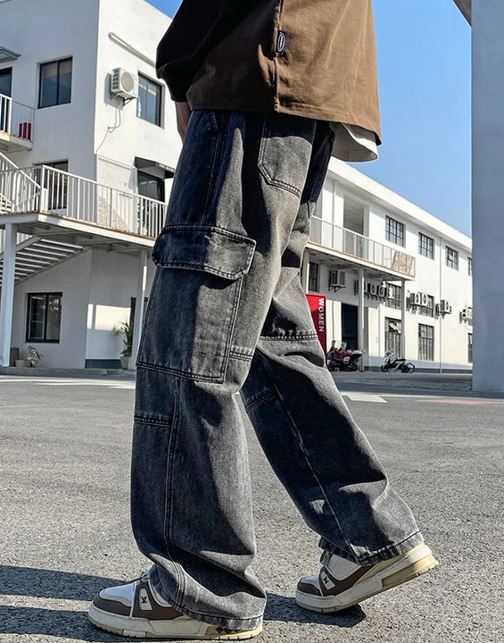 2025 new men's cement grey work jeans Y2K street hip-hop large pocket wide-leg straight jeans trousers jogging black light blue