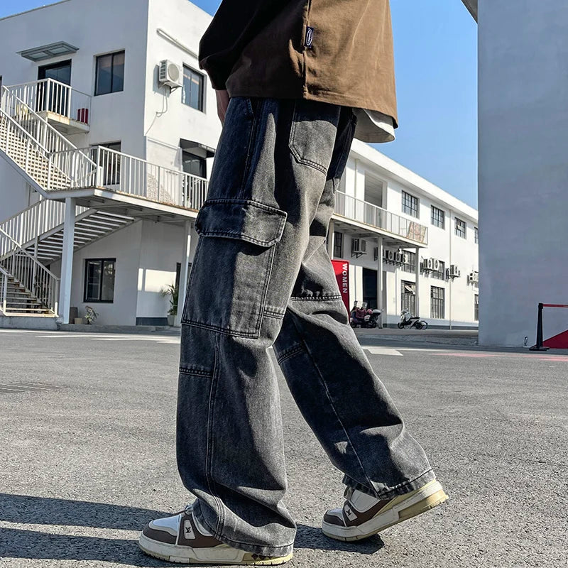 2025 new men's cement grey work jeans Y2K street hip-hop large pocket wide-leg straight jeans trousers jogging black light blue