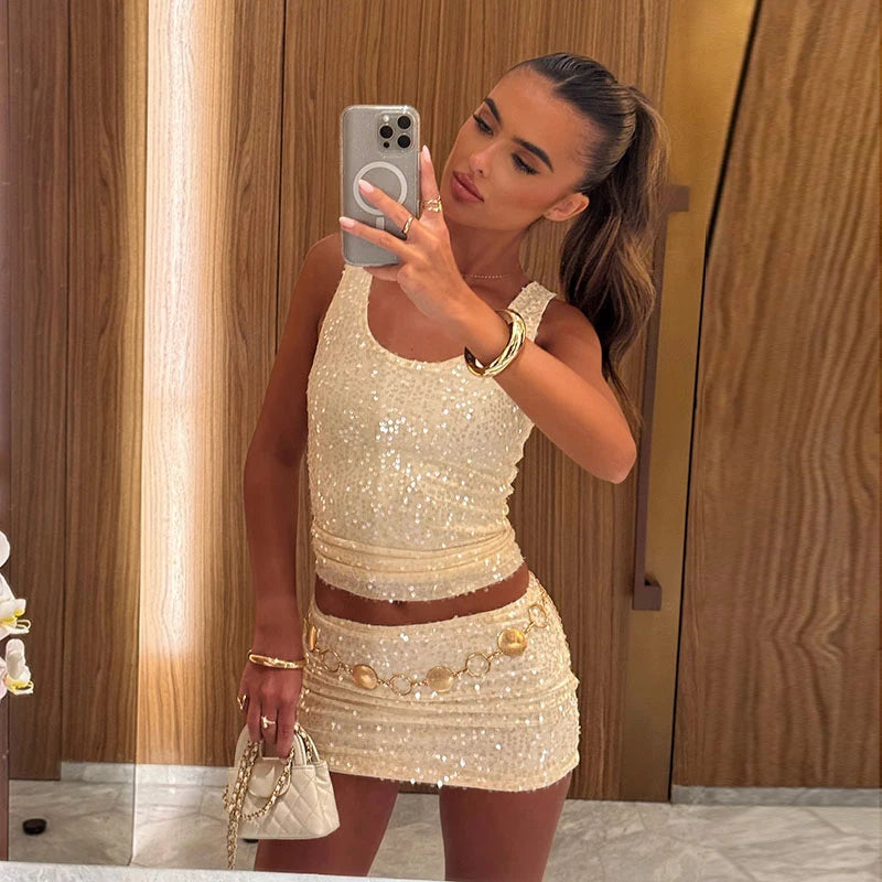 Sexy Sequined Mini Skirt Set Women Square Collar Sleeveless Sling Top A-line Skirts 2026 Spring Summer Lady High Street Outfits