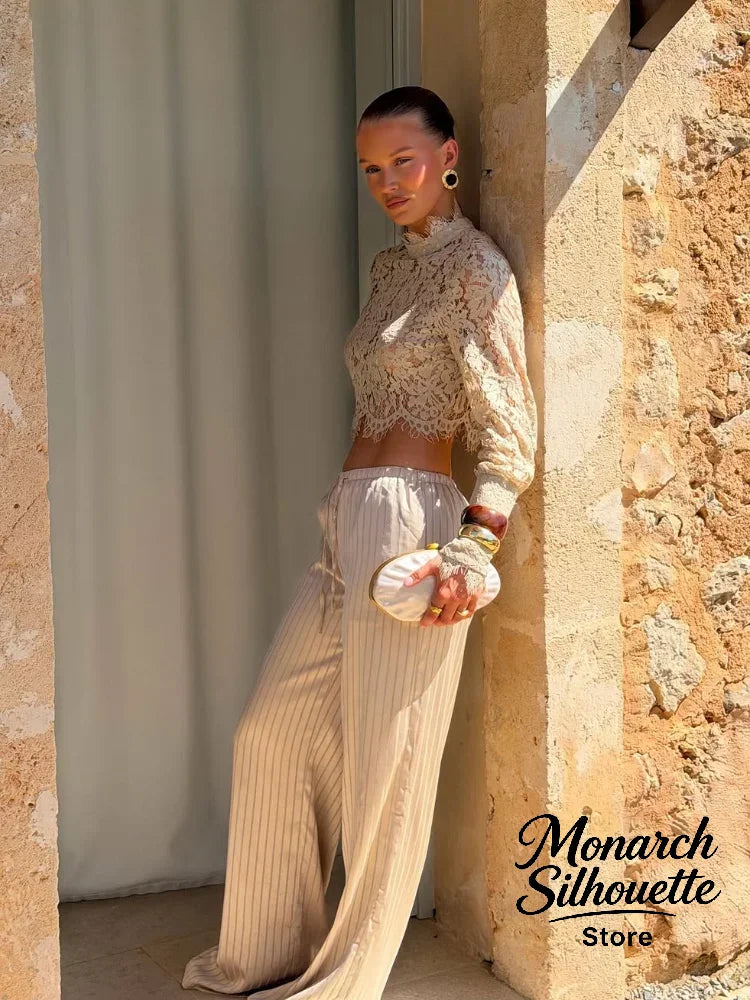 Lace Top Pants 2 Piece Set Women Chic Solid Half High Collar Cropped Back Split Long Pant Suit 2026 Lady Daily Street Outfit New