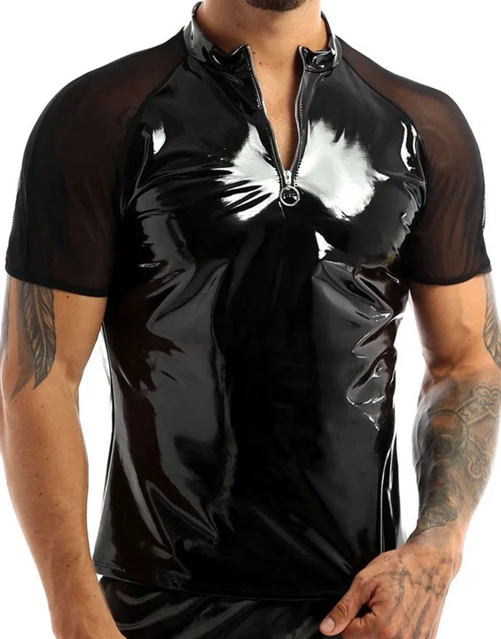 Men Shiny Shirt Wetlook Patent Leather Short Sleeves Summer Sexy T-shirt Sheer Mesh Zipper T-Shirts Tops Clubwear Casual Clothes