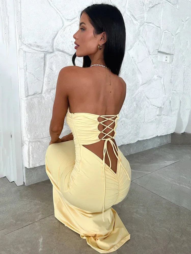 Women's lace up backless strapless maxi dress, off shoulder, fibrcon battery, club, party, long, summer, new