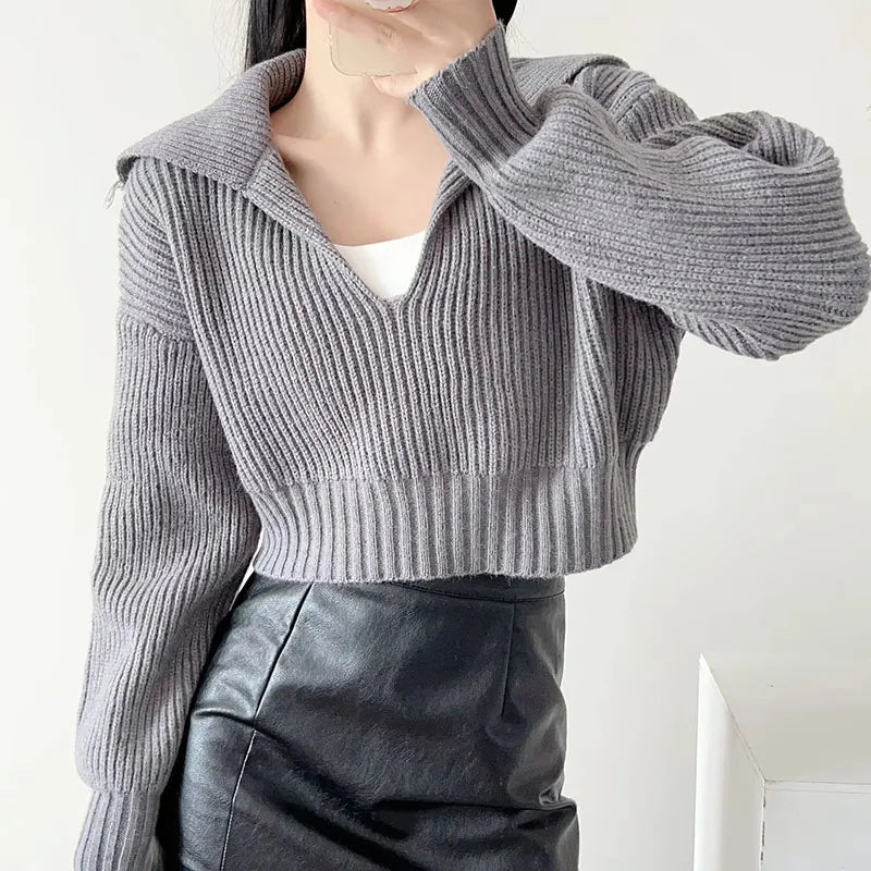 New V Big Lapel Knitted Sweater Women Fashion Loose Cropped Knit Jumper for Woman Korean All-Match Casual Pullover Knitwear