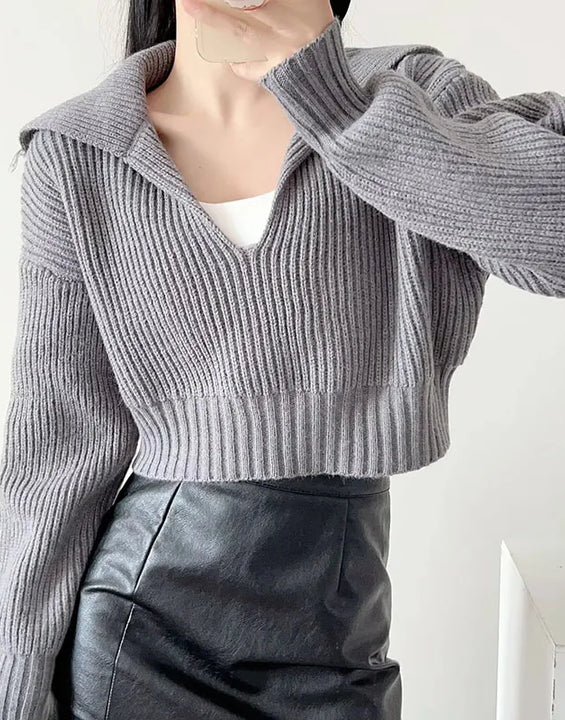 New V Big Lapel Knitted Sweater Women Fashion Loose Cropped Knit Jumper for Woman Korean All-Match Casual Pullover Knitwear