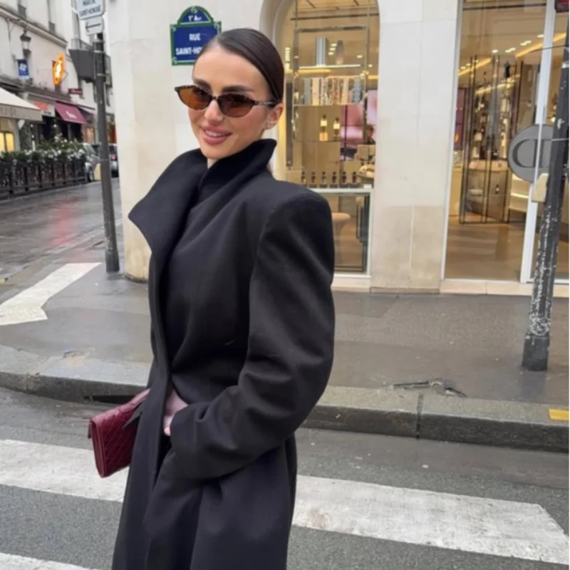 Elegant Women's Woolen Coat Black Single-Button Stand Collar Slim Lady Long Coats 2025 Autumn Winter Chic Female Streetwear New