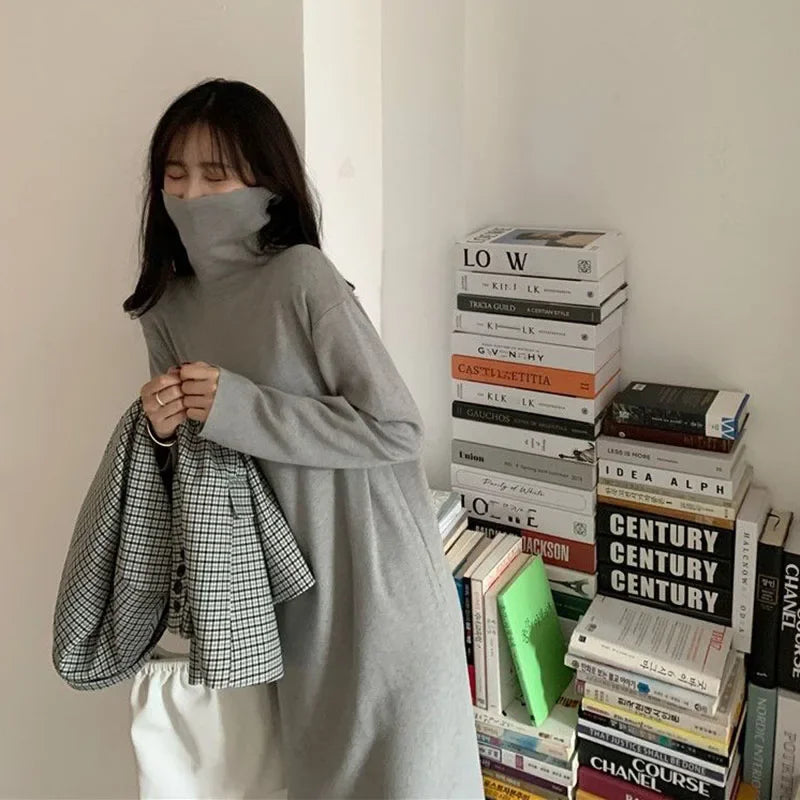 Smvp Fall Winter Turtleneck Long Dress Women Basic Solid Casual Loose Long Sleeve Dresses Female Streetwear Side Split Dress