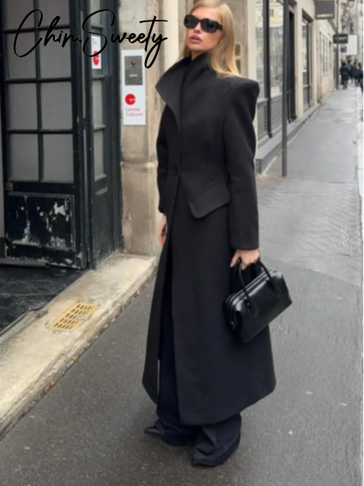 Elegant Women's Woolen Coat Black Single-Button Stand Collar Slim Lady Long Coats 2025 Autumn Winter Chic Female Streetwear New