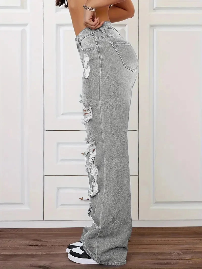 Distressed Washed High Waist Straight Leg Versatile Loose Fit Denim Pants for Women