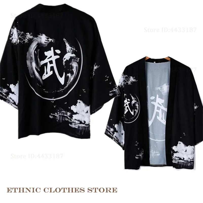 Plus Size 3XL 4XL 5XL Japanese Kimono Cardigan Cosplay Haori Yukata Top Adult Traditional Samurai Costume Loose Men Male Shirt