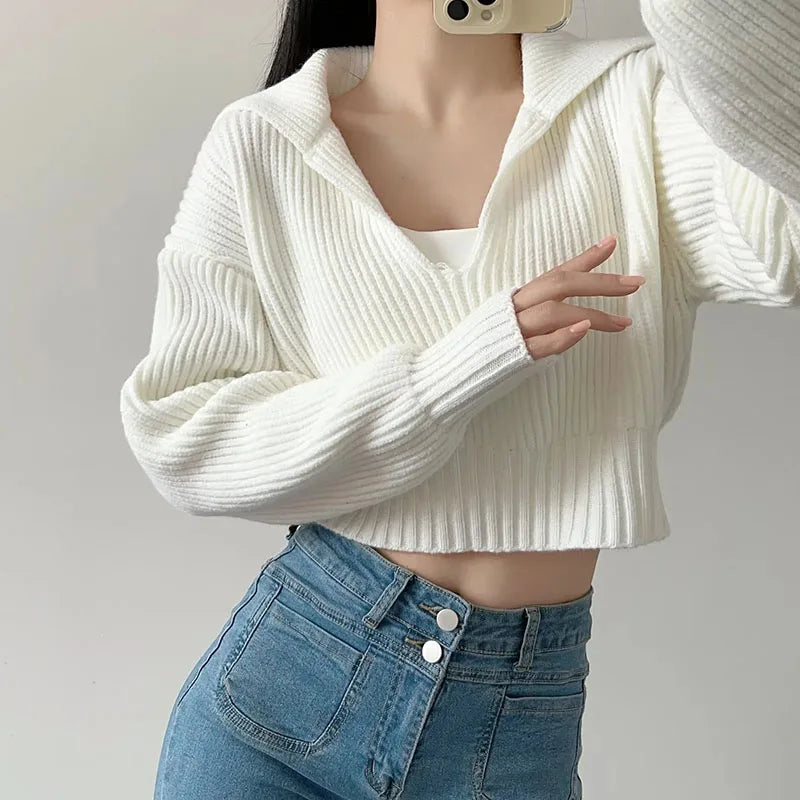 New V Big Lapel Knitted Sweater Women Fashion Loose Cropped Knit Jumper for Woman Korean All-Match Casual Pullover Knitwear