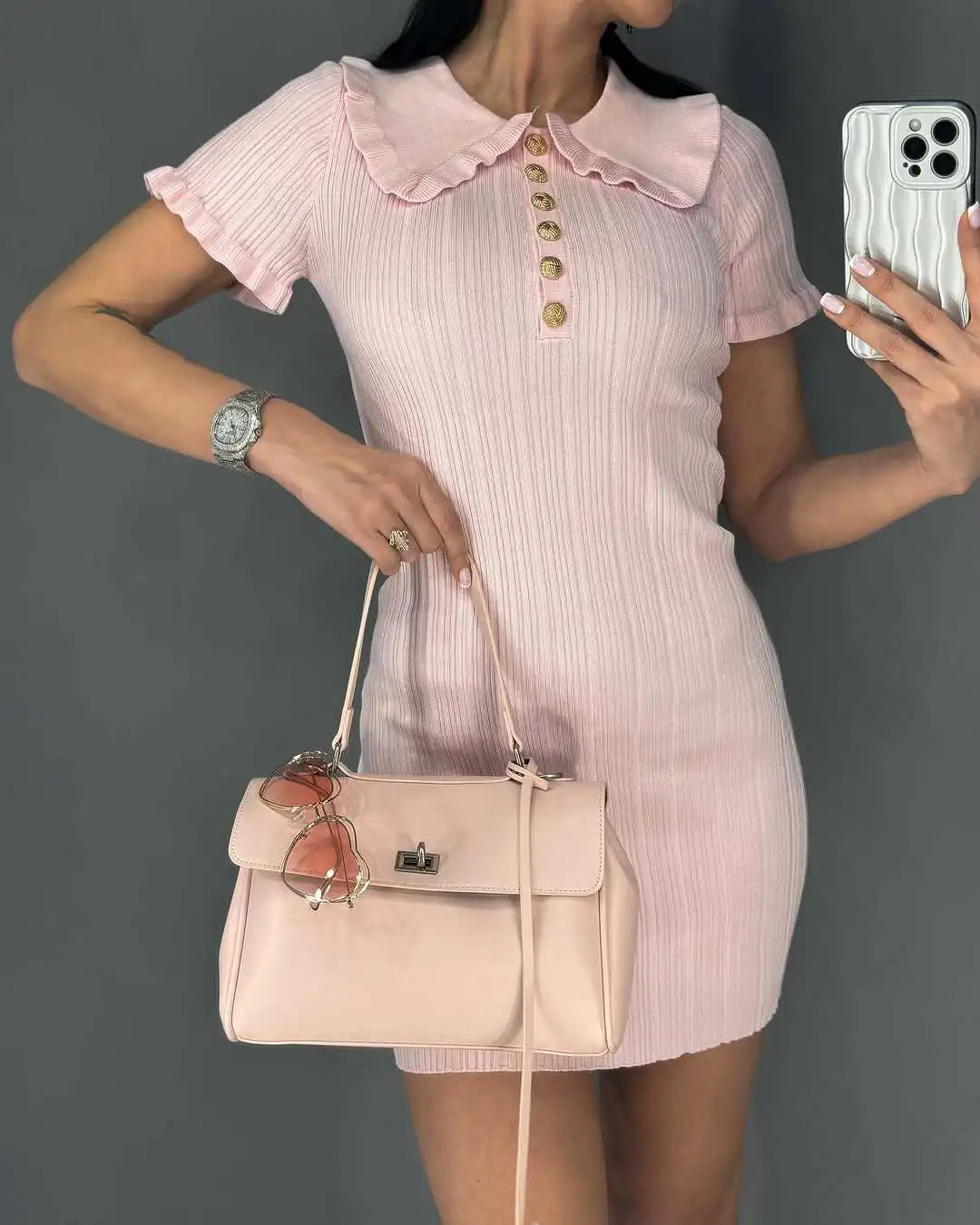 Elegant Knitted Ruffles Short Dress With Sleeves Vintage Casual Curvy High Waist Mini Dresses Yellow 2025 Summer New White Pink