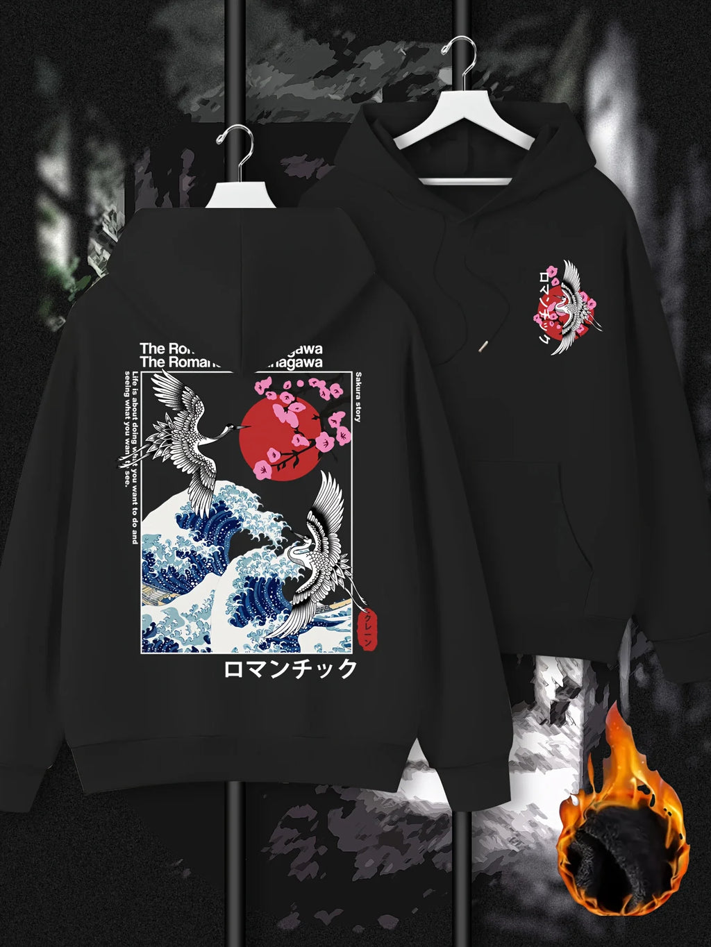 Japan Ukiyoe Sakura&Big Wave Kanagawa Print Men Women Hooded Sweatshirt Autumn Winter Daily Fitness Casual Loose Warm Sportswear
