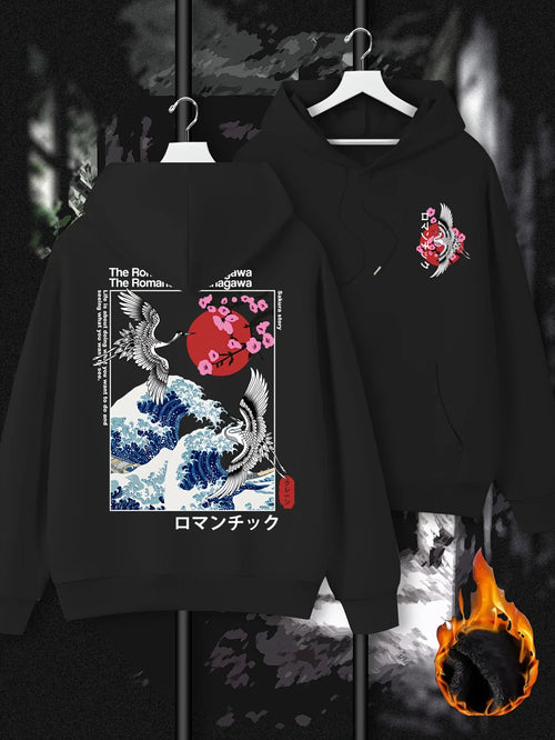 Japan Ukiyoe Sakura&Big Wave Kanagawa Print Men Women Hooded Sweatshirt Autumn Winter Daily Fitness Casual Loose Warm Sportswear