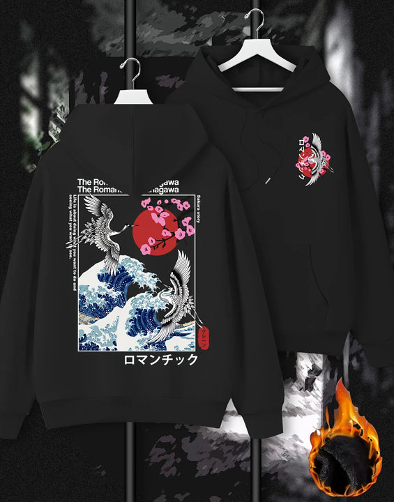 Japan Ukiyoe Sakura&Big Wave Kanagawa Print Men Women Hooded Sweatshirt Autumn Winter Daily Fitness Casual Loose Warm Sportswear