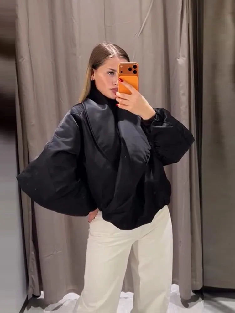 Vintage Women's Padded Bomber Jacket Loose Hidden Buckle Pockets Full Sleeve Stand Collar Black Coats 2026 Spring Autumn Outwear