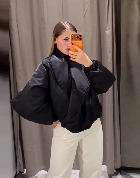 Vintage Women's Padded Bomber Jacket Loose Hidden Buckle Pockets Full Sleeve Stand Collar Black Coats 2026 Spring Autumn Outwear