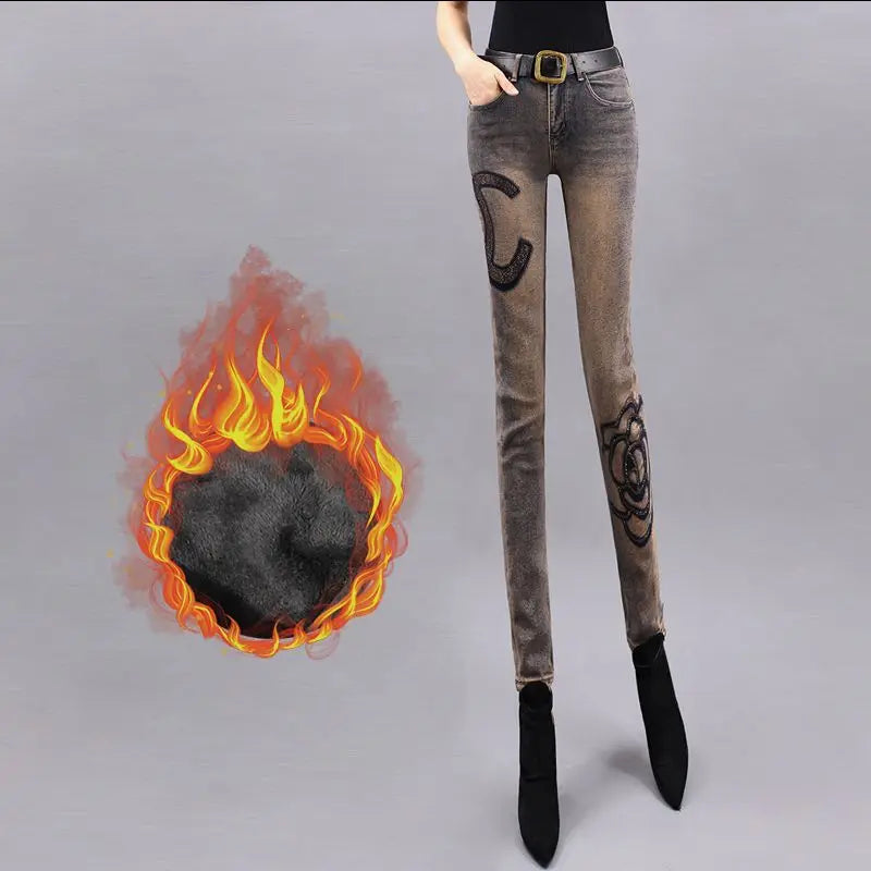 High waist Slim Jeans for Woman Streetwear Aesthetic Print Jean Pants Vintage Washed Denim Trouser