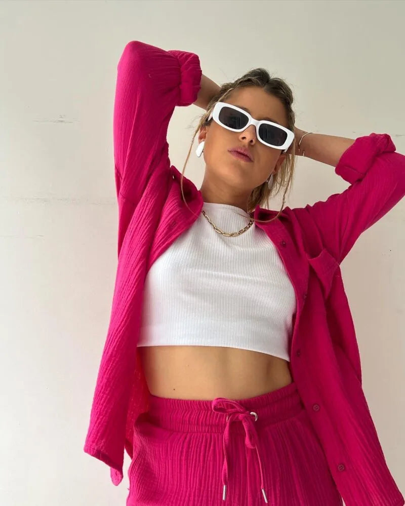 Women's Summer Shorts Set White Long Shirt High Waisted Pants Sets Casual Outfit Streetwear Suits For Women Female Clothing 2025