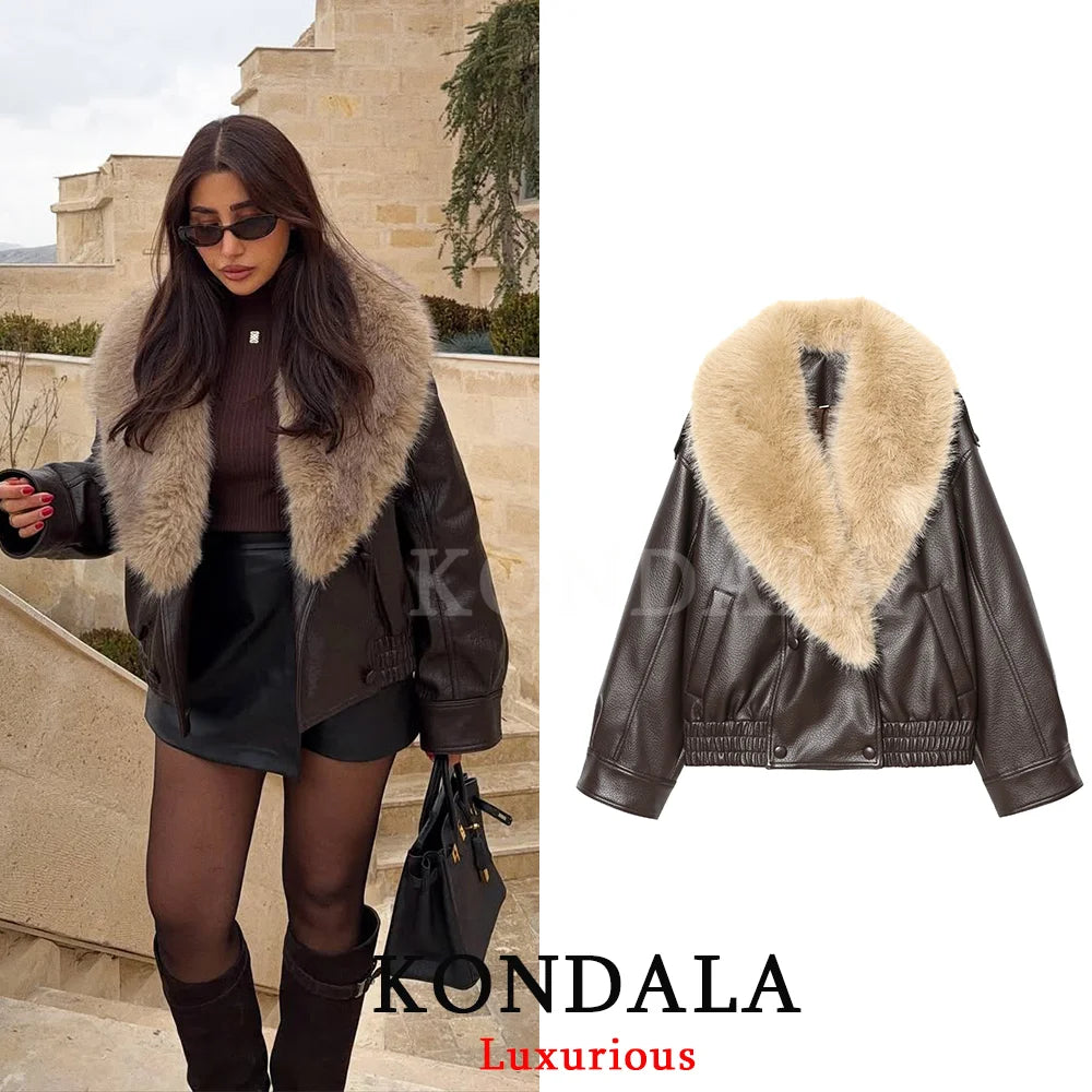 Fur-Collar Faux Leather Jacket