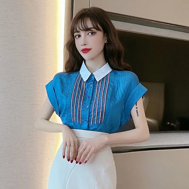Chiffon Base Shirt for Women in Spring and Summer New Commuting Simple Short-sleeved Striped T-shirt Versatile Lined Thin Top