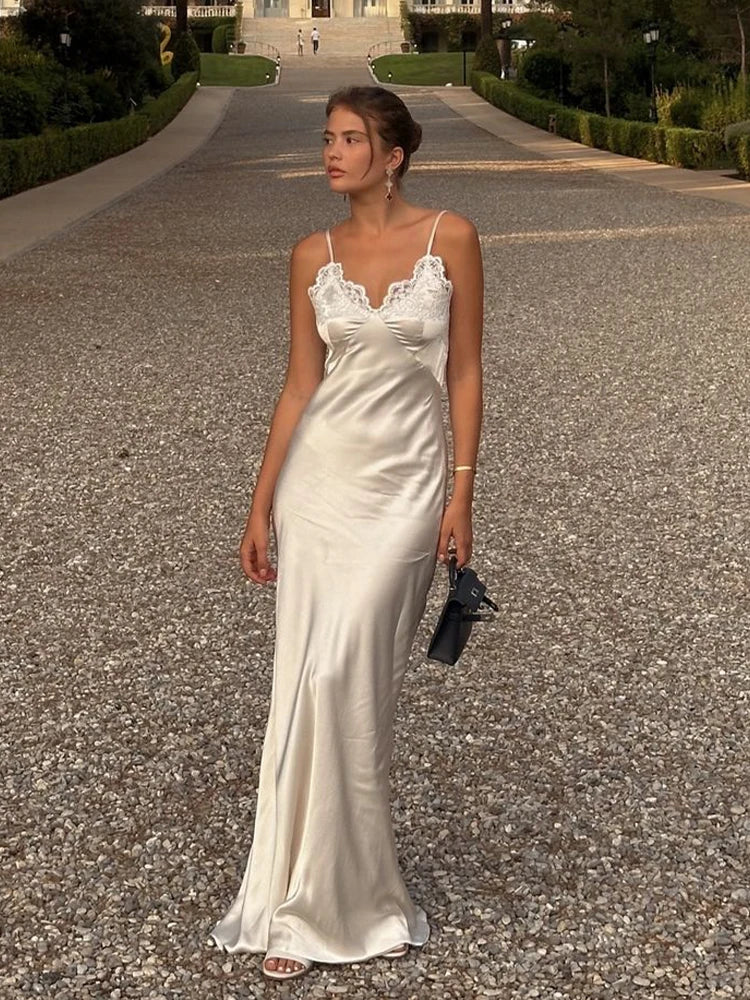 Chic Women Sexy V-neck Satin Sling Maxi Dress White Lace Patchwork Sleeveless Backless Slim Gowns Summer Evening Party Dresses