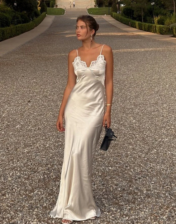 Chic Women Sexy V-neck Satin Sling Maxi Dress White Lace Patchwork Sleeveless Backless Slim Gowns Summer Evening Party Dresses