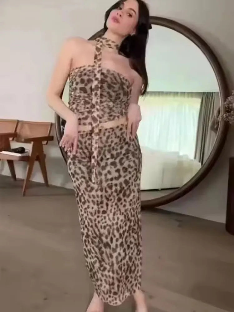 HH Women Leopard Print 2 Piece Outfit Midi Skirt Suit Sexy Summer Backless Strapless Crop Top Fashion Elegant Beach Party Sets