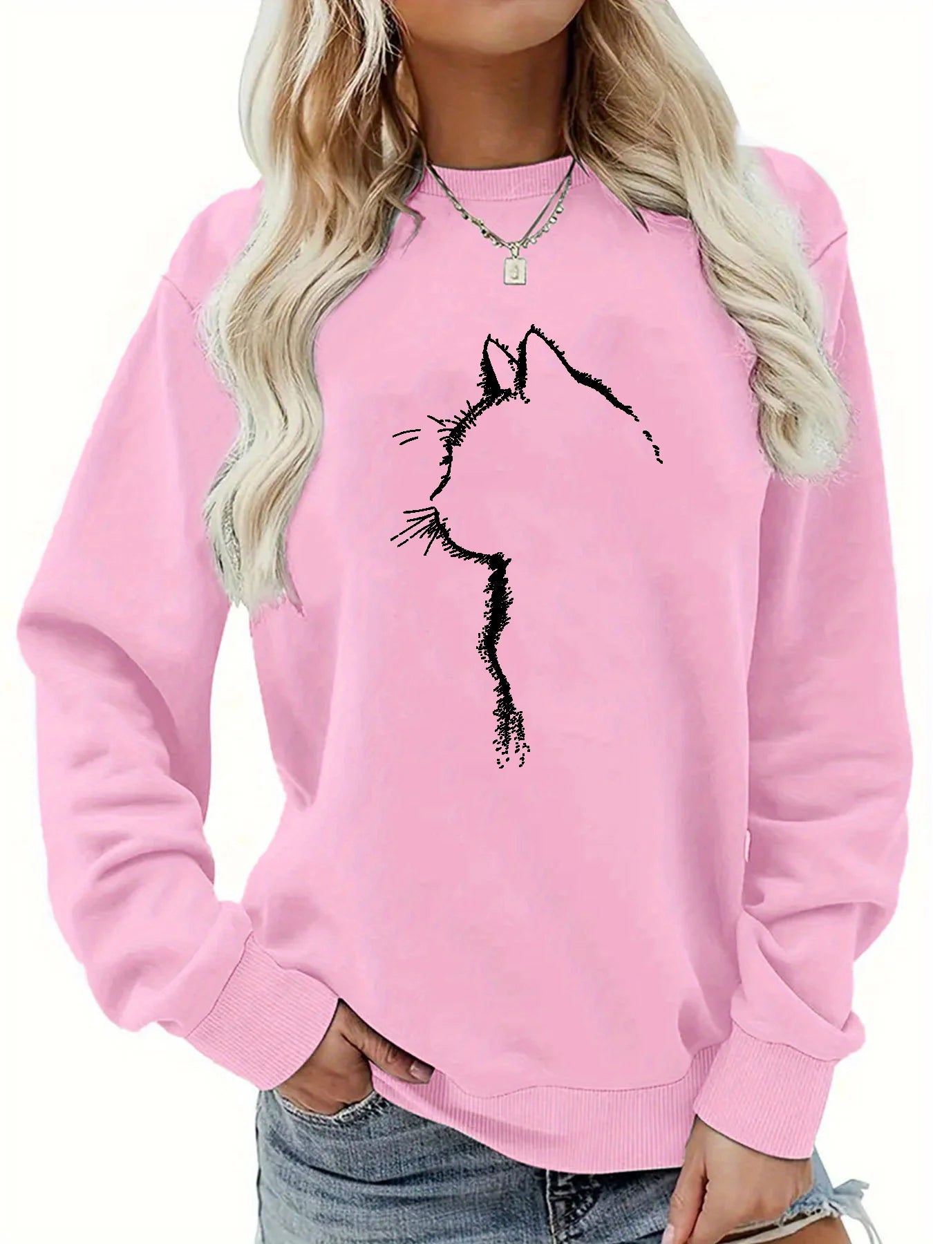 Women's autumn and winter casual loose and comfortable warm cat pattern printed round neck long sleeved pullover