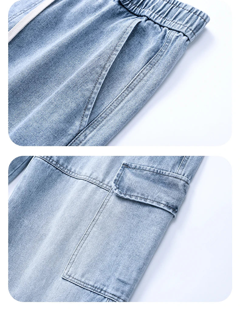 2025 new men's cement grey work jeans Y2K street hip-hop large pocket wide-leg straight jeans trousers jogging black light blue